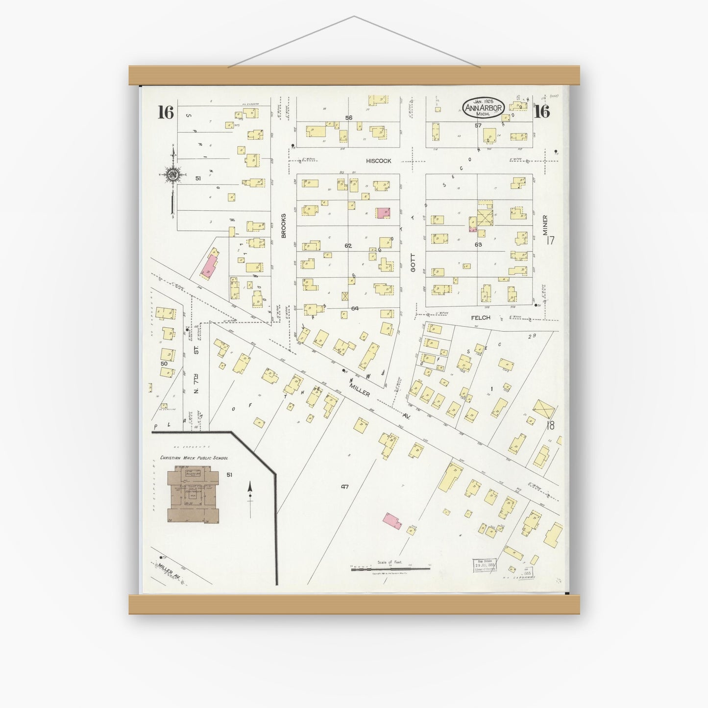 Old map wall art mockup — magnetic wood frame on white wall — Sanborn Fire Insurance Map from Ann Arbor, Washtenaw County, Michigan (1925), Sheet #0016