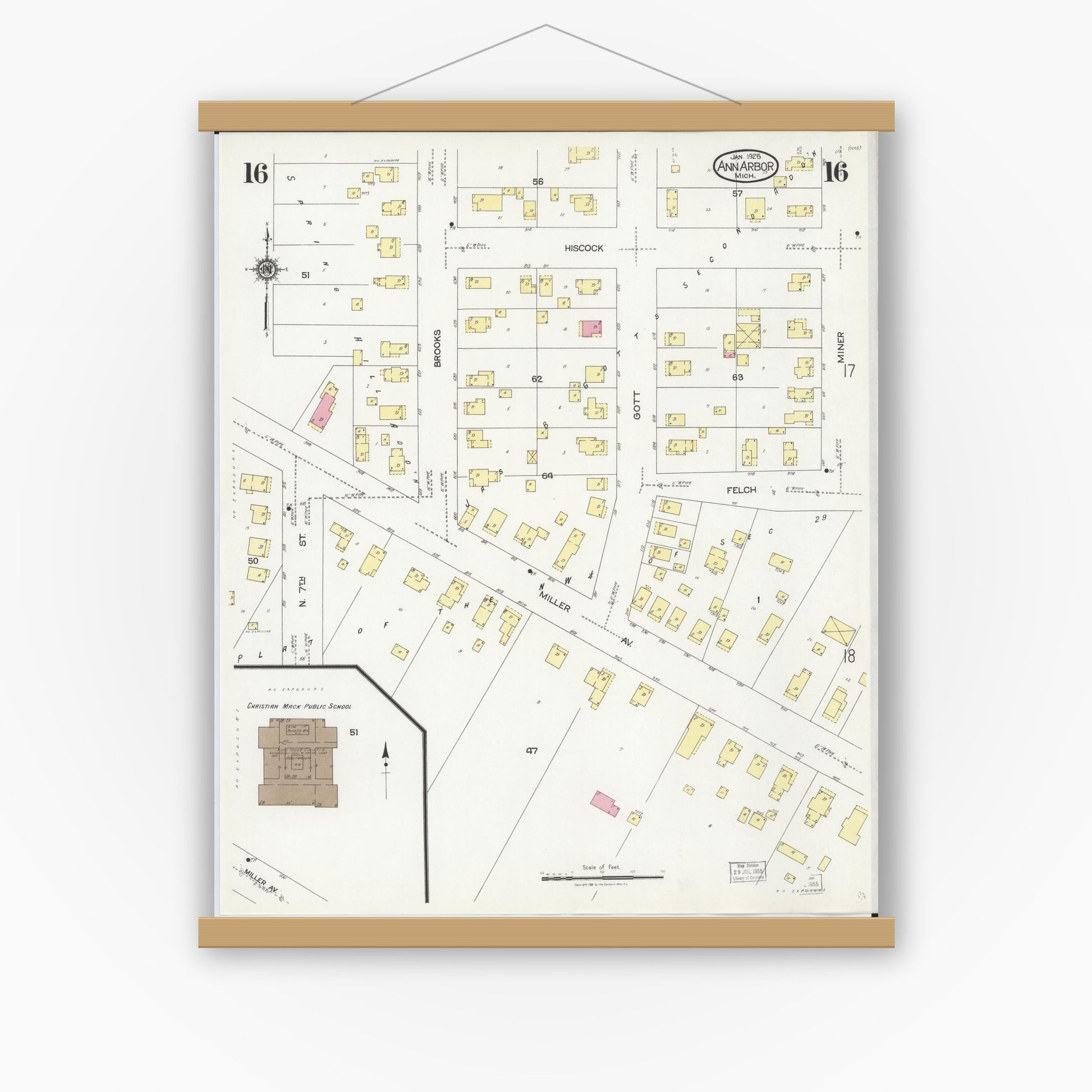 Old map wall art mockup — magnetic wood frame on white wall — Sanborn Fire Insurance Map from Ann Arbor, Washtenaw County, Michigan (1925), Sheet #0016