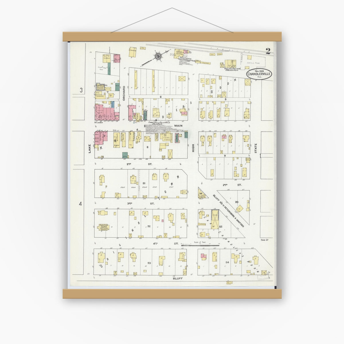Old map wall art mockup — magnetic wood frame on white wall — Sanborn Fire Insurance Map from Chandlerville, Cass County, Illinois (1909), Sheet #0002