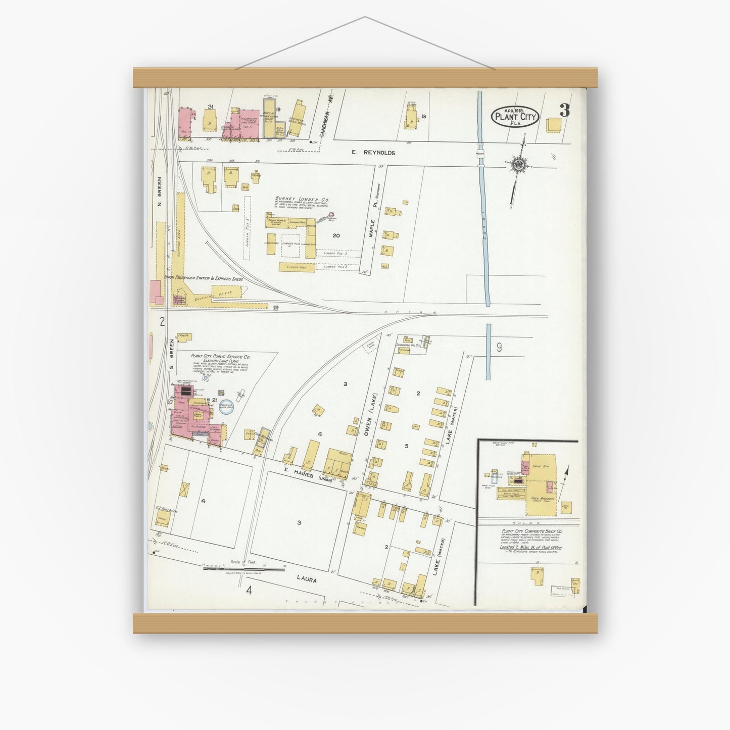 Old map wall art mockup — magnetic wood frame on white wall — Sanborn Fire Insurance Map from Plant City, Hillborough County, Florida (1919), Sheet #0003
