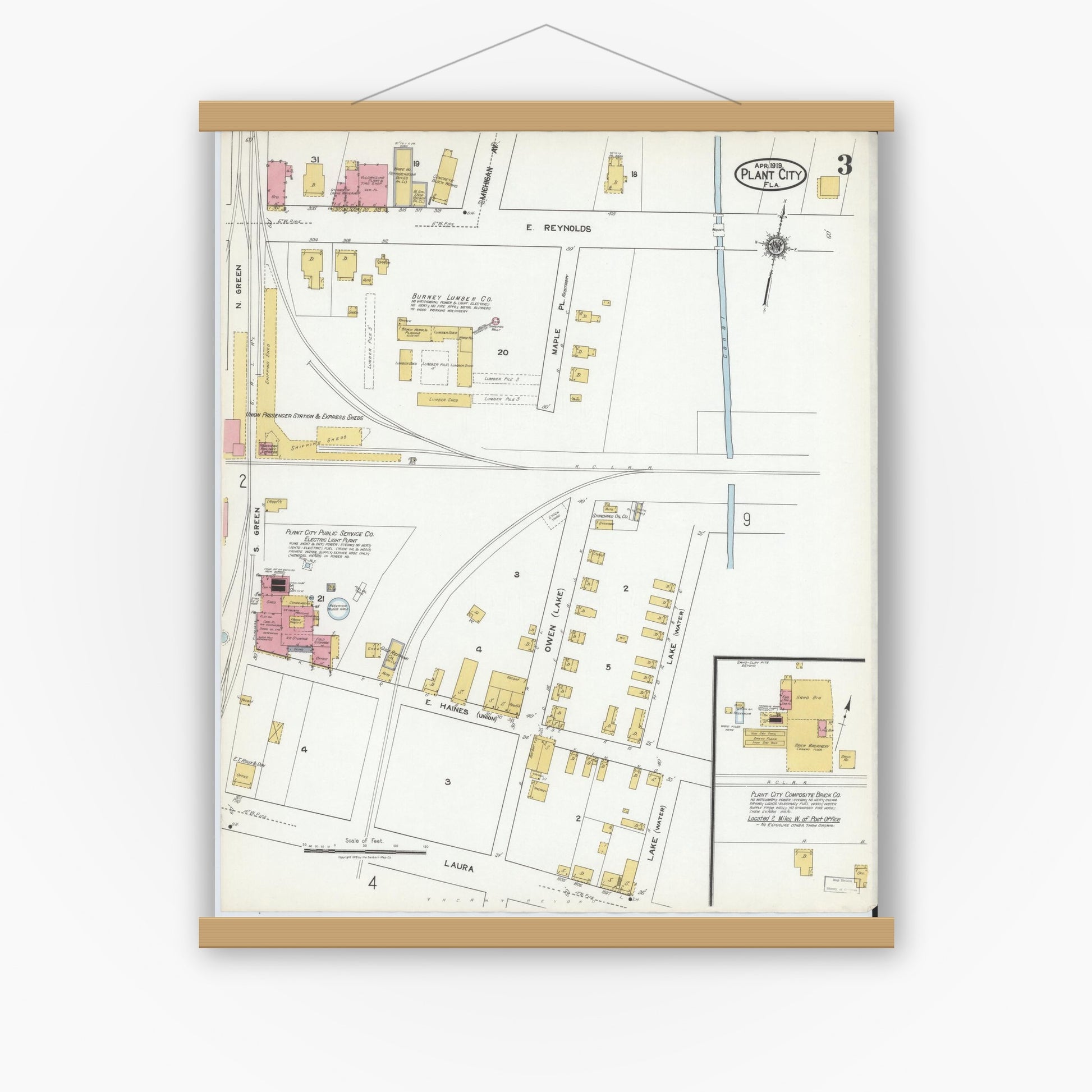Old map wall art mockup — magnetic wood frame on white wall — Sanborn Fire Insurance Map from Plant City, Hillborough County, Florida (1919), Sheet #0003