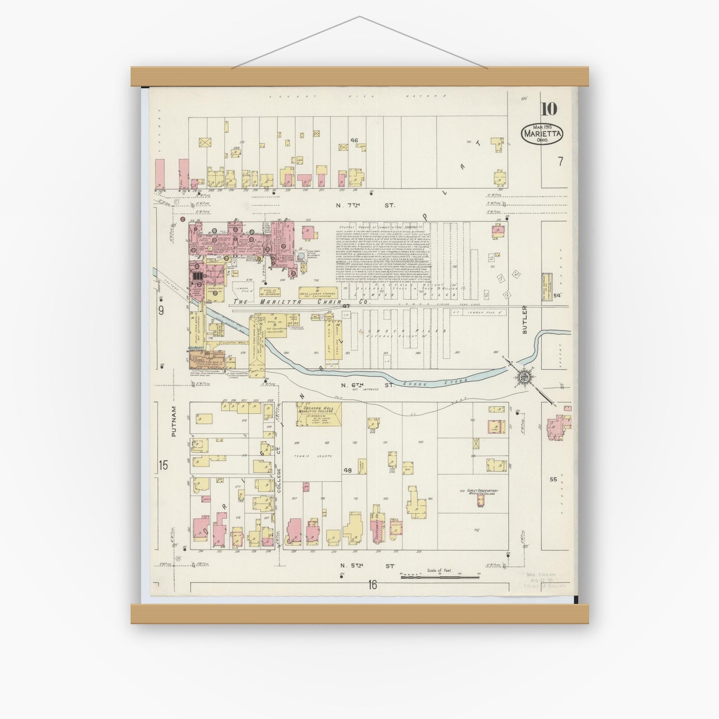Old map wall art mockup — magnetic wood frame on white wall — Sanborn Fire Insurance Map from Marietta, Washington County, Ohio (1915), Sheet #0010