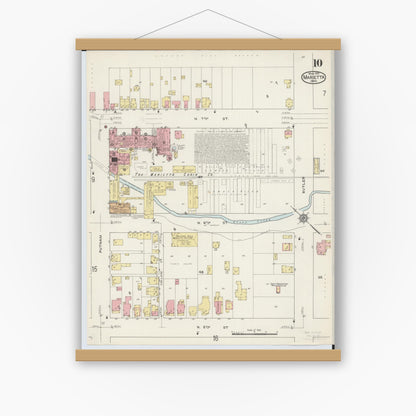 Old map wall art mockup — magnetic wood frame on white wall — Sanborn Fire Insurance Map from Marietta, Washington County, Ohio (1915), Sheet #0010