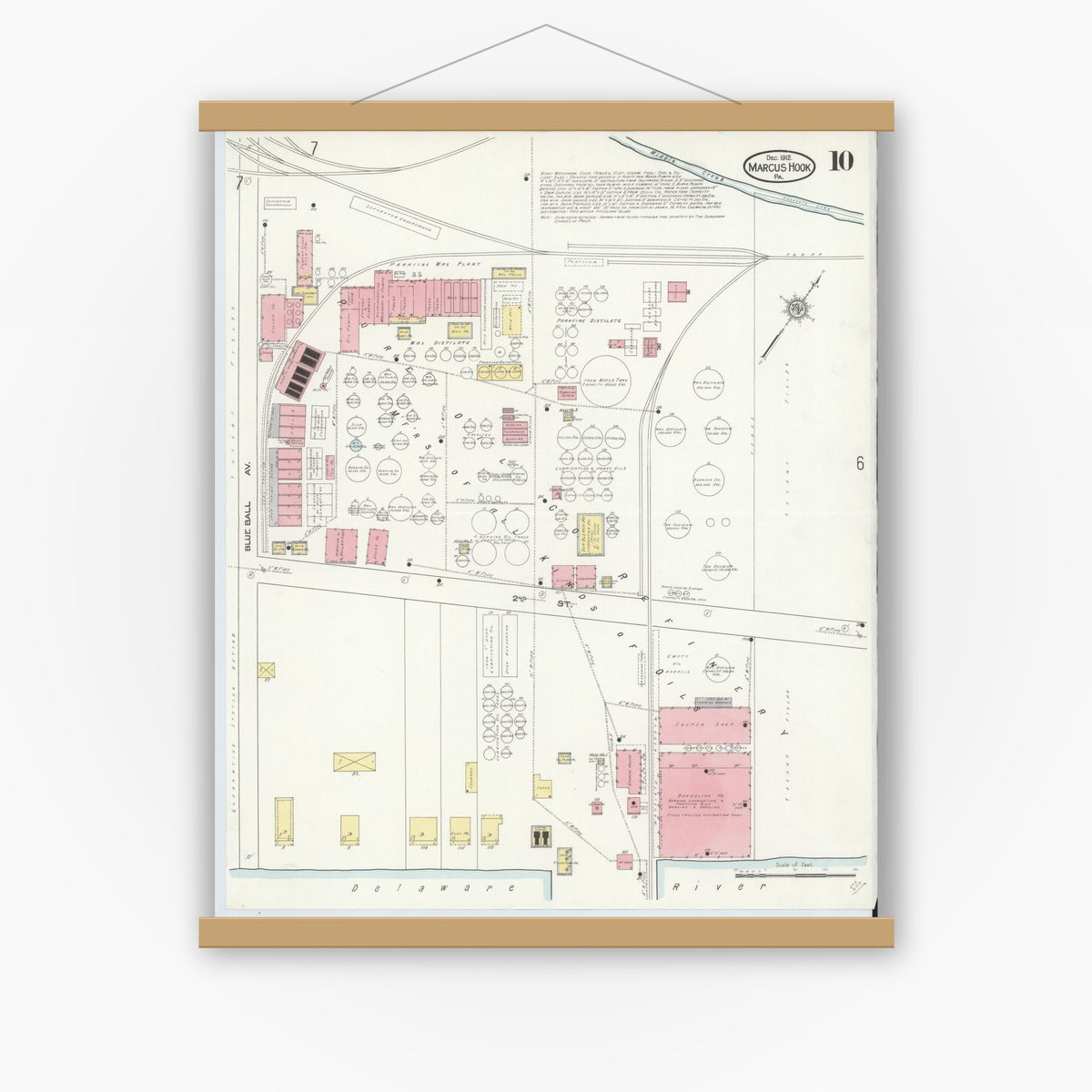 Old map wall art mockup — magnetic wood frame on white wall — Sanborn Fire Insurance Map from Marcus Hook, Chester County, Pennsylvania (1912), Sheet #0010
