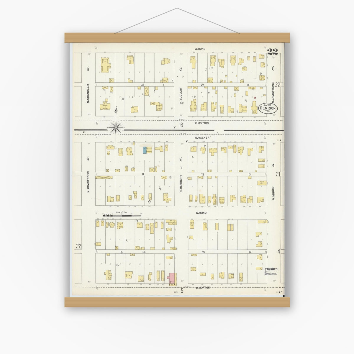 Old map wall art mockup — magnetic wood frame on white wall — Sanborn Fire Insurance Map from Denison, Grayson County, Texas (1903), Sheet #0022