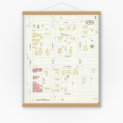 Old map wall art mockup — magnetic wood frame on white wall — Sanborn Fire Insurance Map from Tallahassee, Leon County, Florida (1909), Sheet #0007