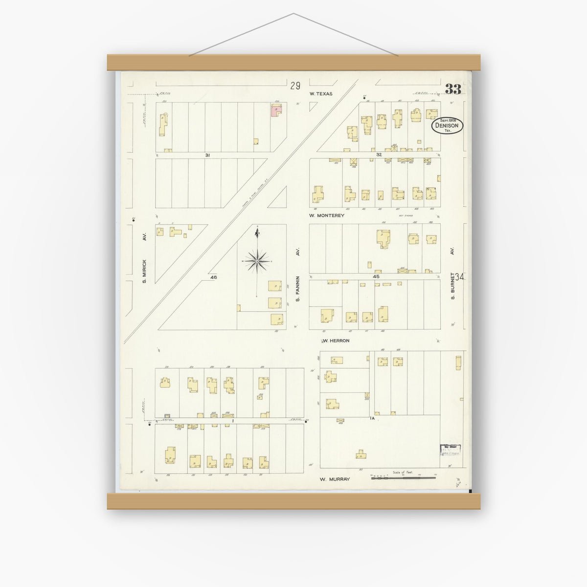 Old map wall art mockup — magnetic wood frame on white wall — Sanborn Fire Insurance Map from Denison, Grayson County, Texas (1908), Sheet #0033
