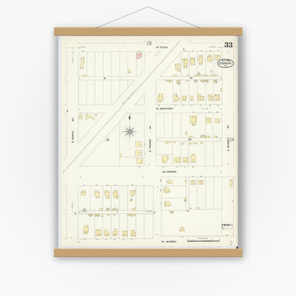 Old map wall art mockup — magnetic wood frame on white wall — Sanborn Fire Insurance Map from Denison, Grayson County, Texas (1908), Sheet #0033