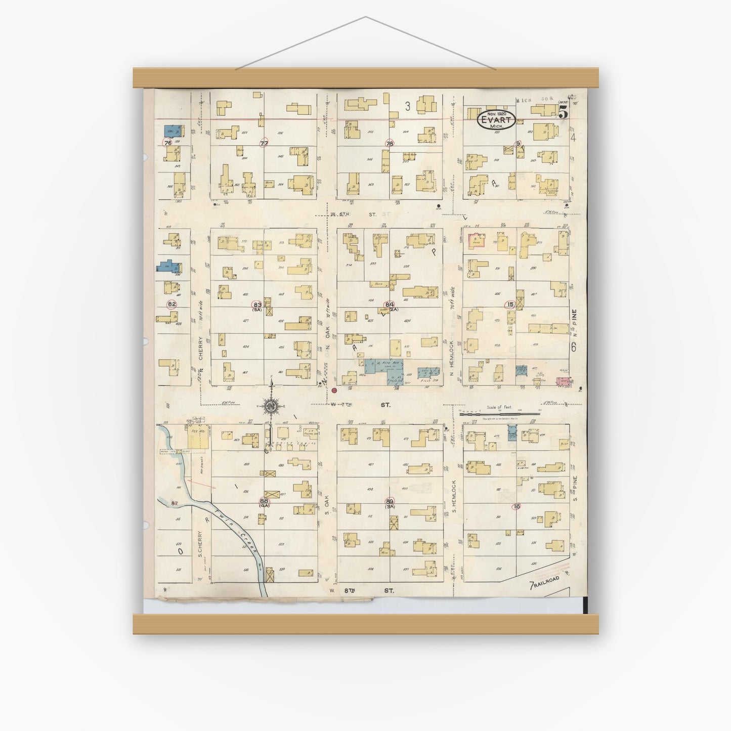 Old map wall art mockup — magnetic wood frame on white wall — Sanborn Fire Insurance Map from Evart, Osceola County, Michigan (1942), Sheet #0005