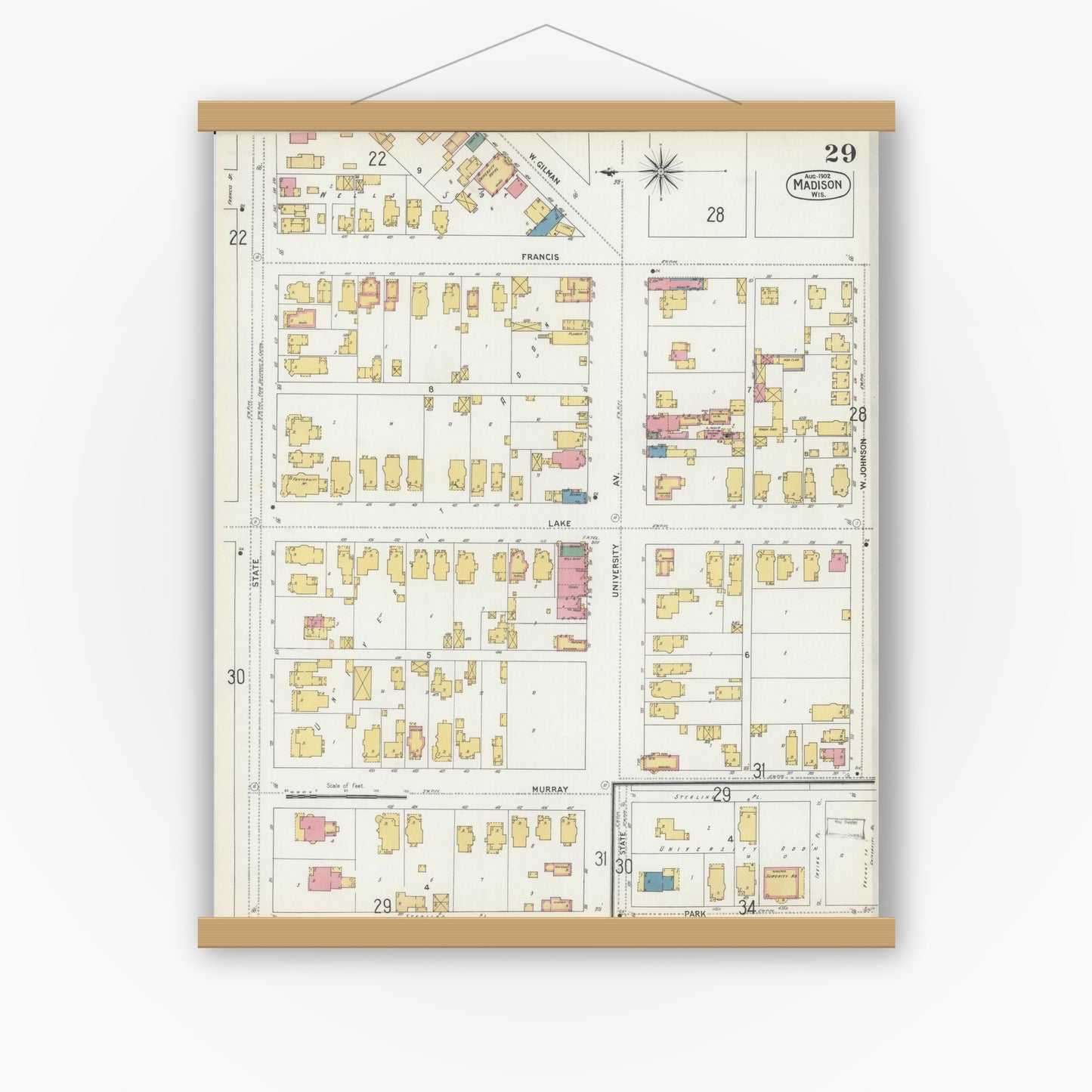 Old map wall art mockup — magnetic wood frame on white wall — Sanborn Fire Insurance Map from Madison, Dane County, Wisconsin (1902), Sheet #0029