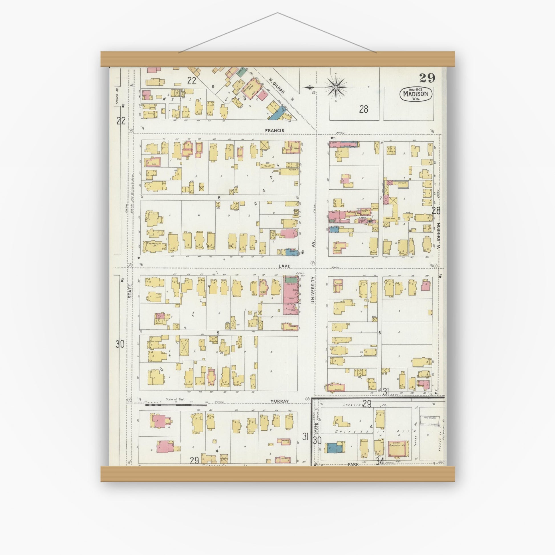 Old map wall art mockup — magnetic wood frame on white wall — Sanborn Fire Insurance Map from Madison, Dane County, Wisconsin (1902), Sheet #0029