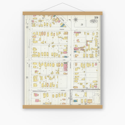 Old map wall art mockup — magnetic wood frame on white wall — Sanborn Fire Insurance Map from Madison, Dane County, Wisconsin (1902), Sheet #0029