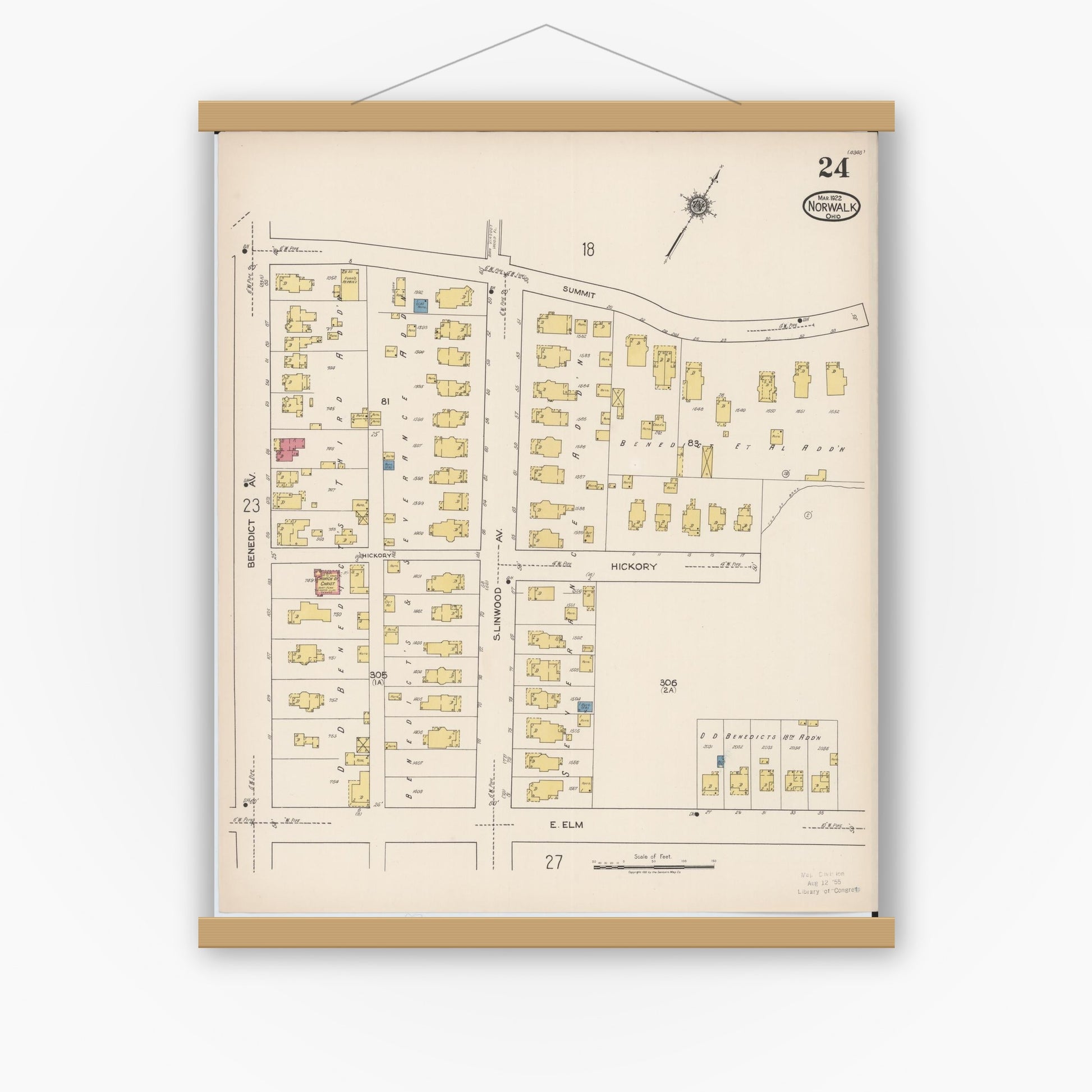 Old map wall art mockup — magnetic wood frame on white wall — Sanborn Fire Insurance Map from Norwalk, Huron County, Ohio (1922), Sheet #0024