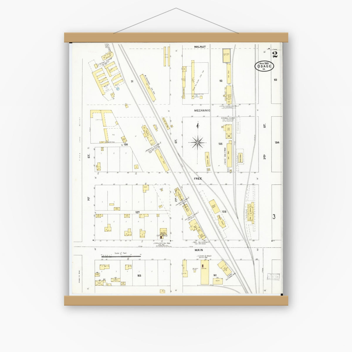 Old map wall art mockup — magnetic wood frame on white wall — Sanborn Fire Insurance Map from Osage, Mitchell County, Iowa (1905), Sheet #0002