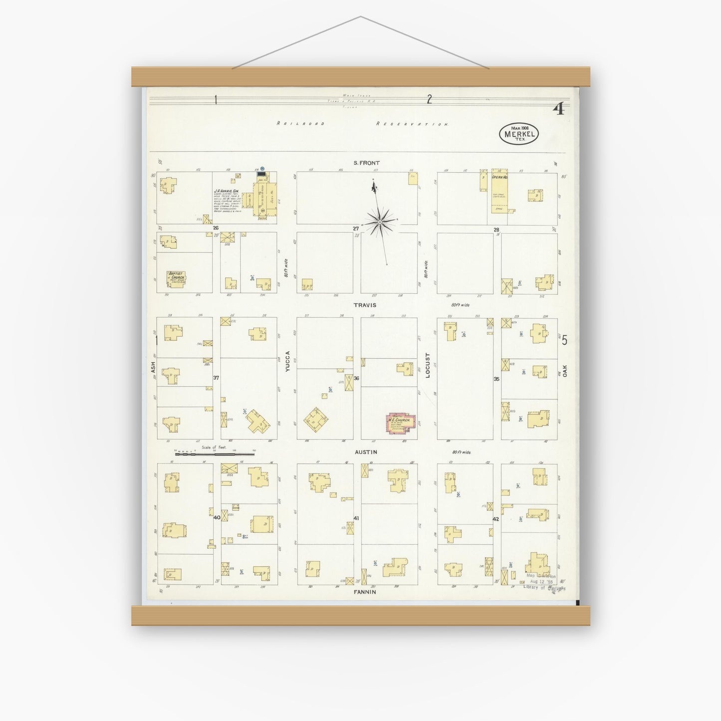 Old map wall art mockup — magnetic wood frame on white wall — Sanborn Fire Insurance Map from Merkel, Taylor County, Texas (1908), Sheet #0004