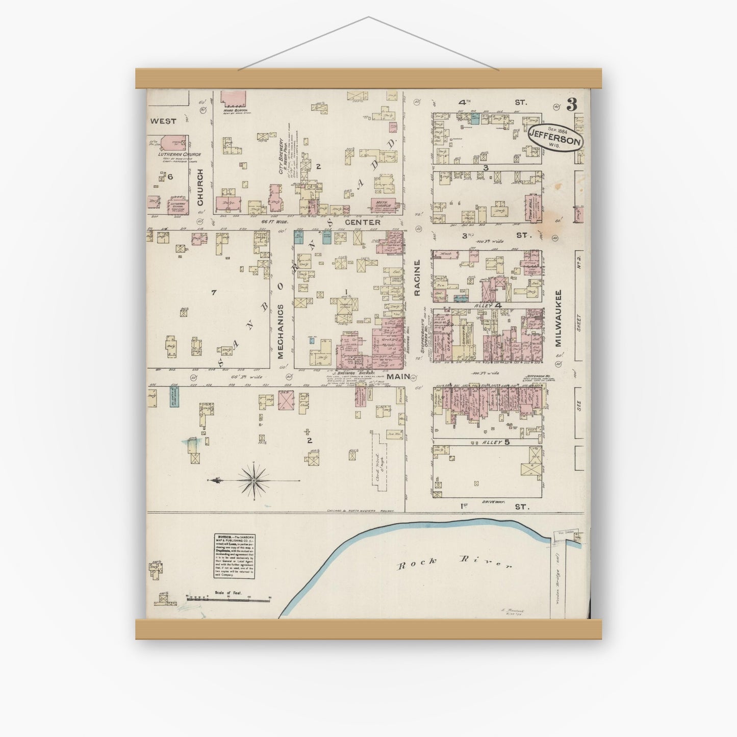 Old map wall art mockup — magnetic wood frame on white wall — Sanborn Fire Insurance Map from Jefferson, Jefferson County, Wisconsin (1884), Sheet #0003