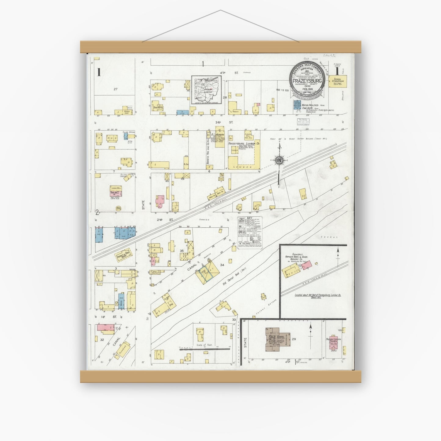 Old map wall art mockup — magnetic wood frame on white wall — Sanborn Fire Insurance Map from Frazeysburg, Muskingum County, Ohio (1928), Sheet #0001