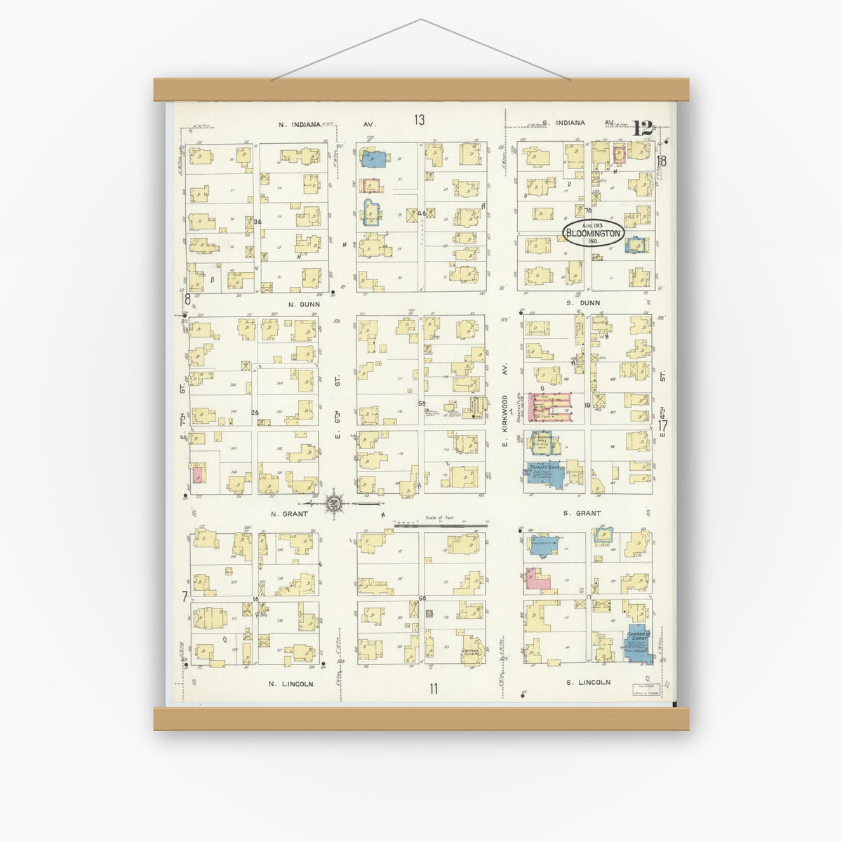 Old map wall art mockup — magnetic wood frame on white wall — Sanborn Fire Insurance Map from Bloomington, Monroe County, Indiana (1913), Sheet #0012