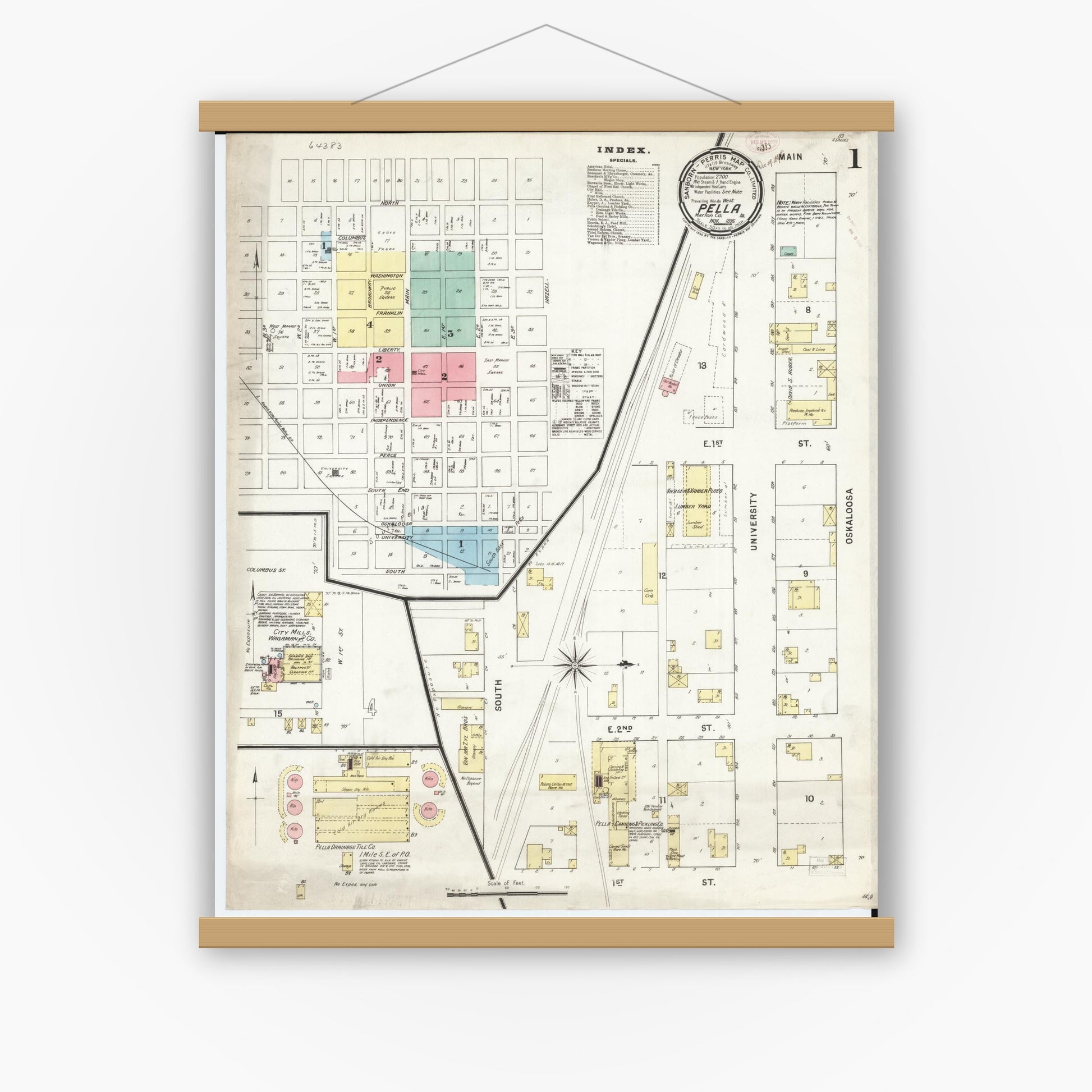Old map wall art mockup — magnetic wood frame on white wall — Sanborn Fire Insurance Map from Pella, Marion County, Iowa (1895), Sheet #0001