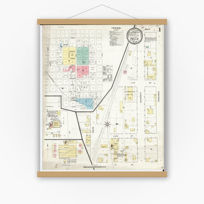 Old map wall art mockup — magnetic wood frame on white wall — Sanborn Fire Insurance Map from Pella, Marion County, Iowa (1895), Sheet #0001