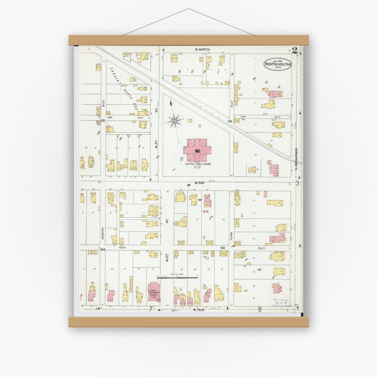 Old map wall art mockup — magnetic wood frame on white wall — Sanborn Fire Insurance Map from New Philadelphia, Tuscarawas County, Ohio (1901), Sheet #0002