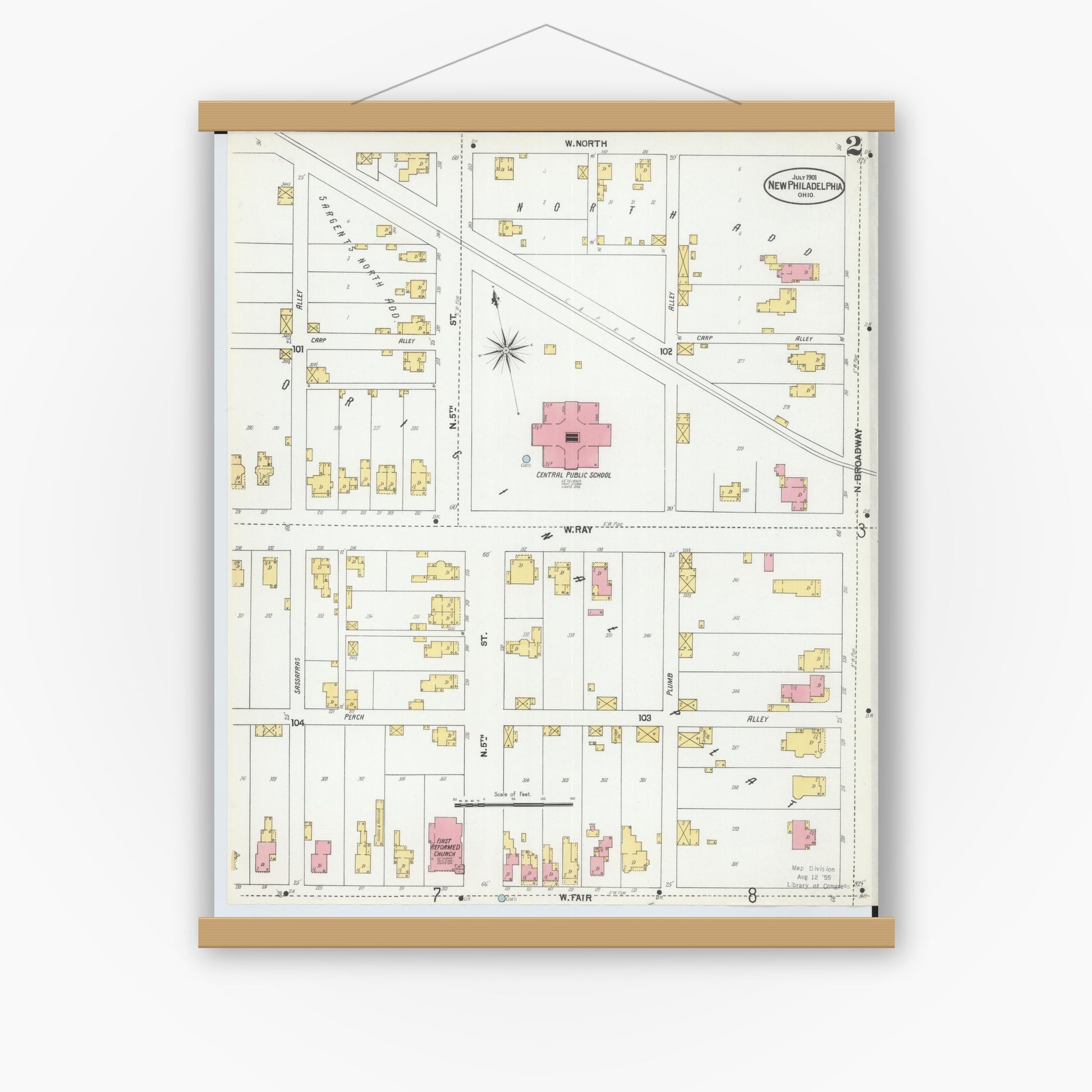 Old map wall art mockup — magnetic wood frame on white wall — Sanborn Fire Insurance Map from New Philadelphia, Tuscarawas County, Ohio (1901), Sheet #0002
