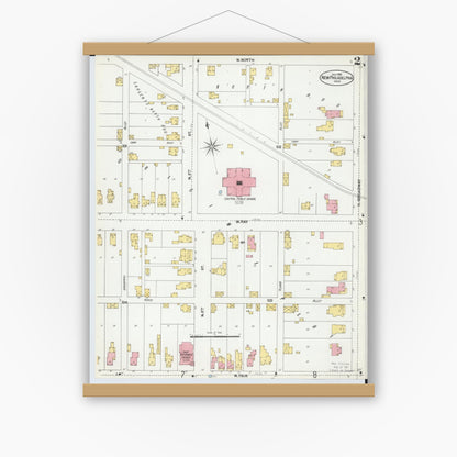 Old map wall art mockup — magnetic wood frame on white wall — Sanborn Fire Insurance Map from New Philadelphia, Tuscarawas County, Ohio (1901), Sheet #0002