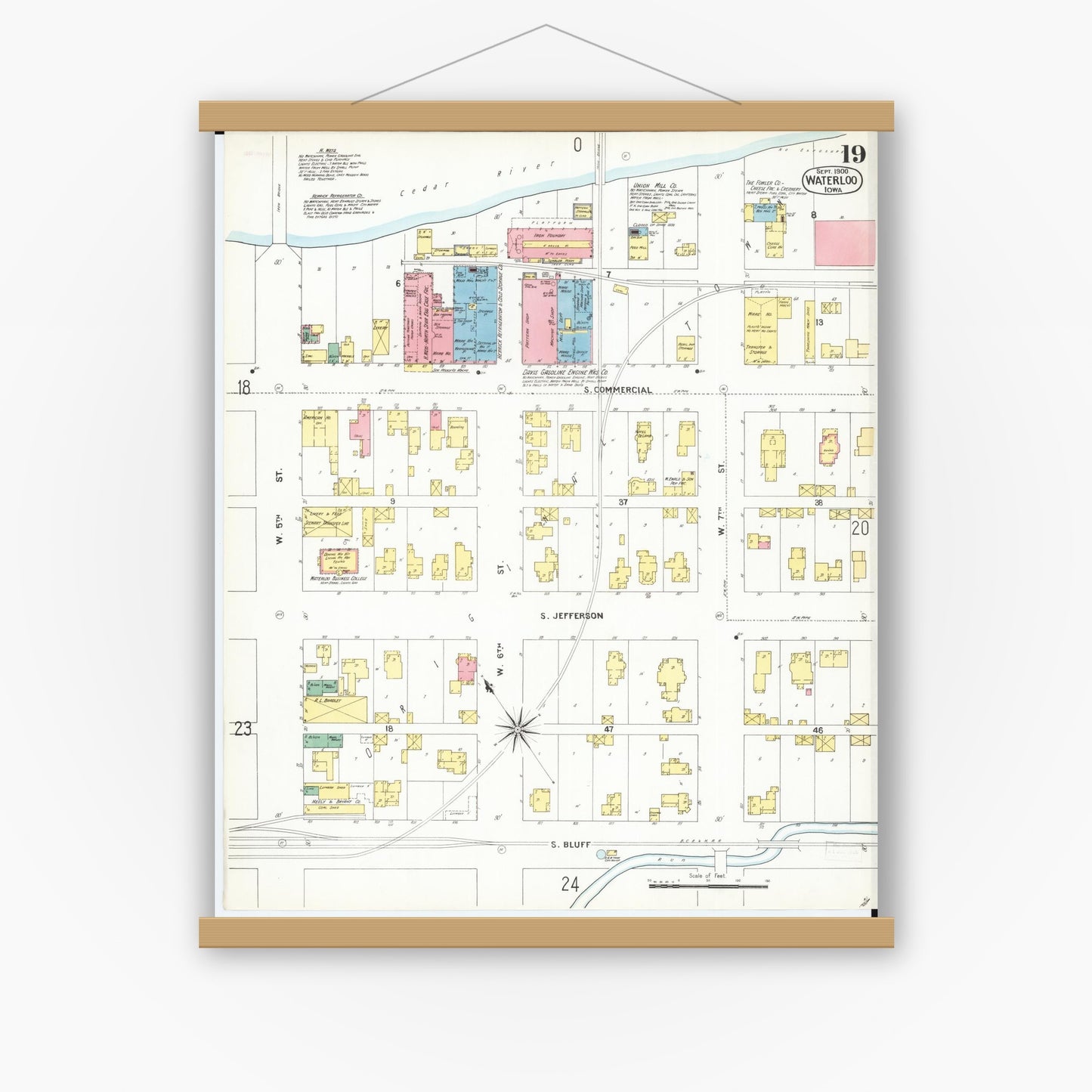 Old map wall art mockup — magnetic wood frame on white wall — Sanborn Fire Insurance Map from Waterloo, Black Hawk County, Iowa (1900), Sheet #0019