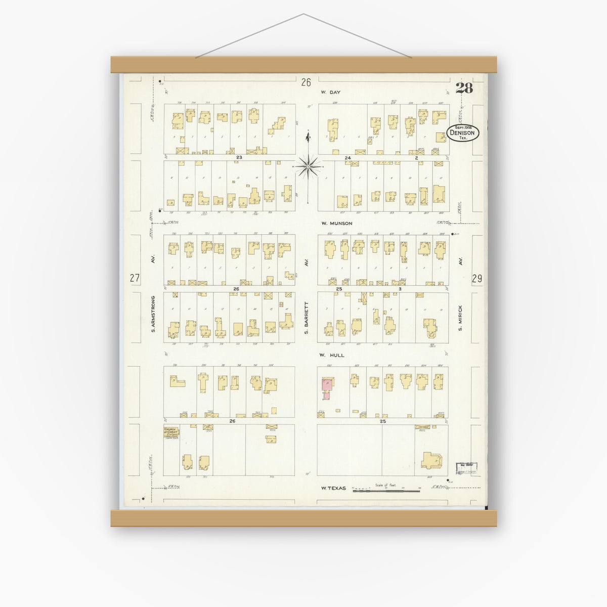 Old map wall art mockup — magnetic wood frame on white wall — Sanborn Fire Insurance Map from Denison, Grayson County, Texas (1908), Sheet #0028