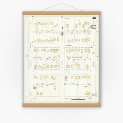 Old map wall art mockup — magnetic wood frame on white wall — Sanborn Fire Insurance Map from Denison, Grayson County, Texas (1908), Sheet #0028