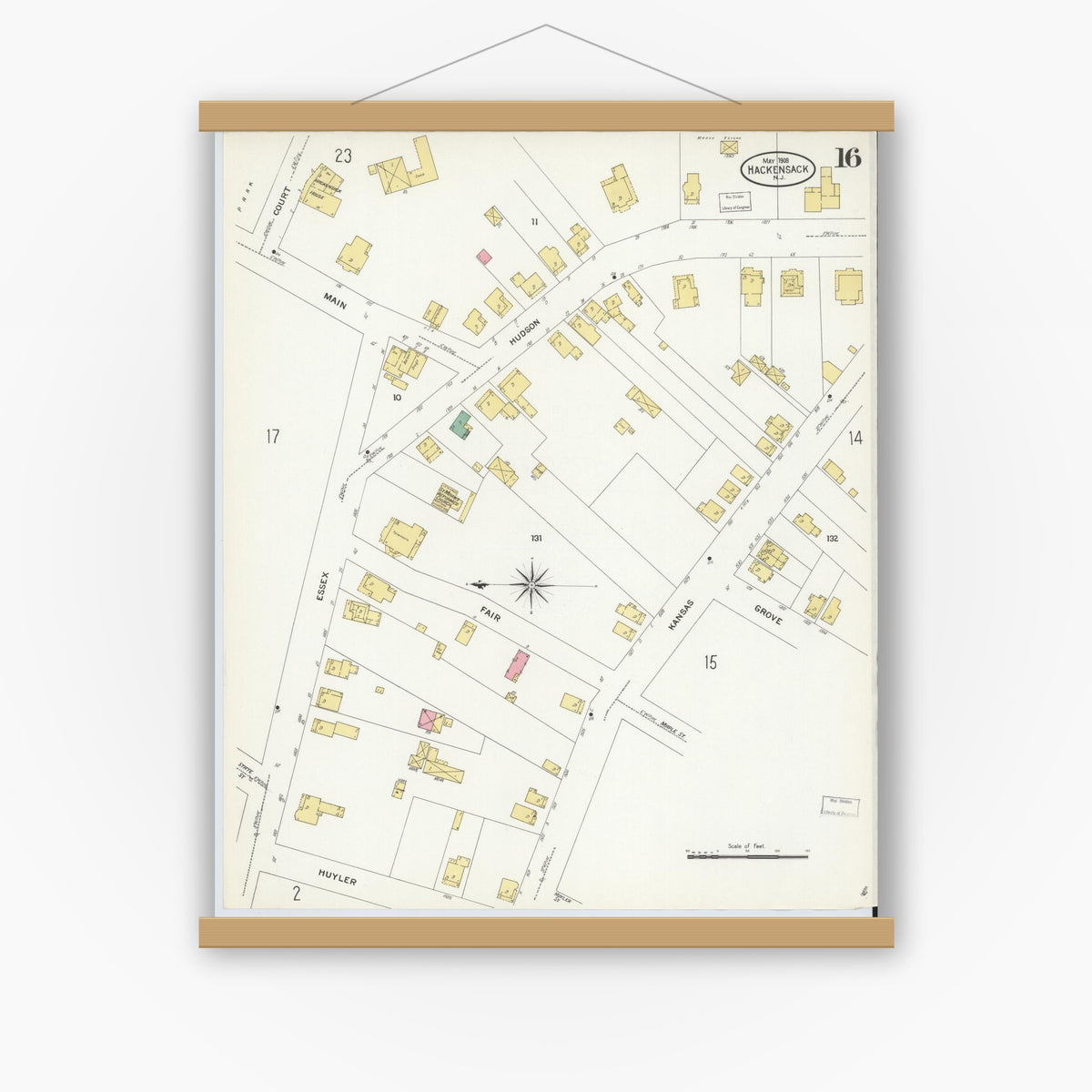 Old map wall art mockup — magnetic wood frame on white wall — Sanborn Fire Insurance Map from Hackensack, Bergen County, New Jersey (1908), Sheet #0016