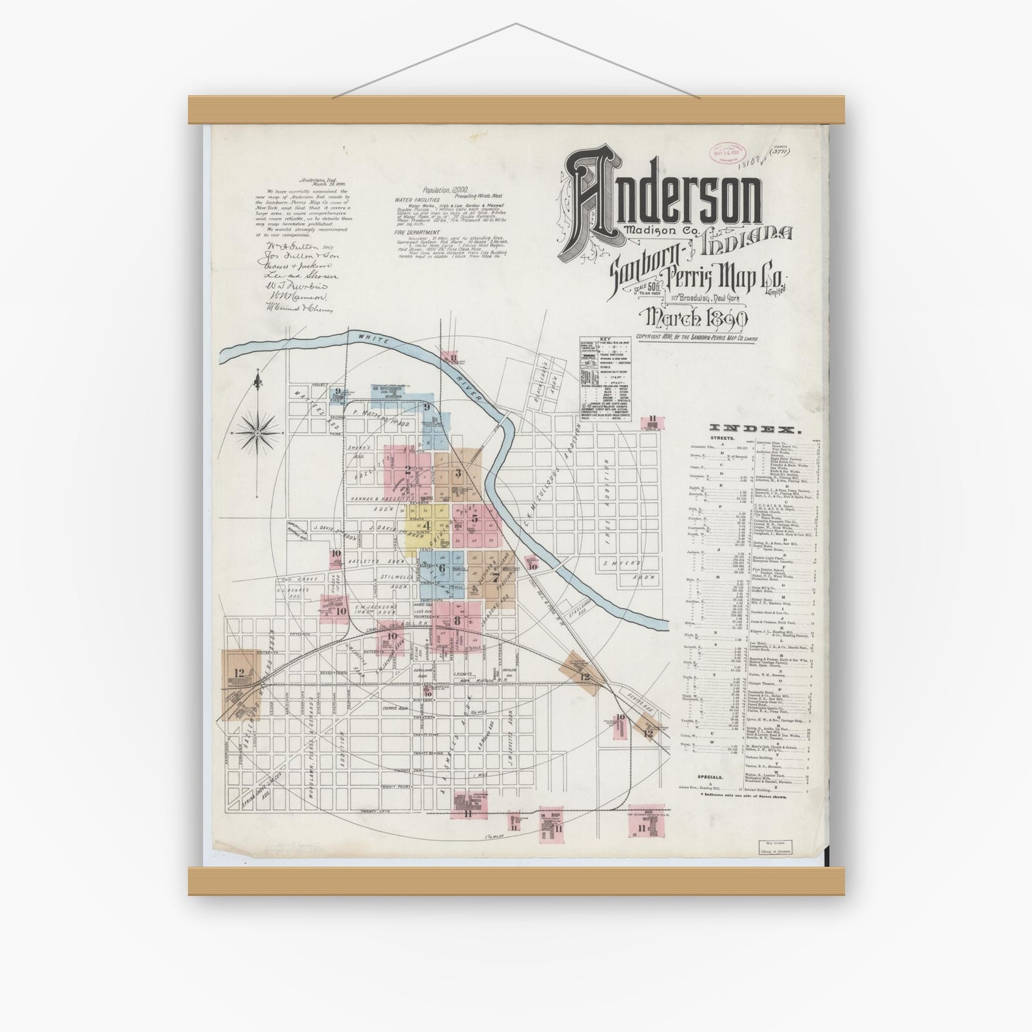 Old map wall art mockup — magnetic wood frame on white wall — Sanborn Fire Insurance Map from Anderson, Madison County, Indiana (1890), Sheet #0001