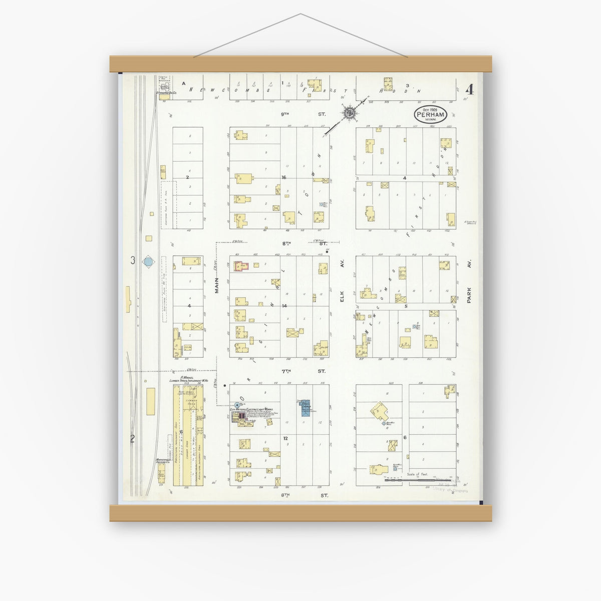 Old map wall art mockup — magnetic wood frame on white wall — Sanborn Fire Insurance Map from Perham, Otter Tail County, Minnesota (1909), Sheet #0004