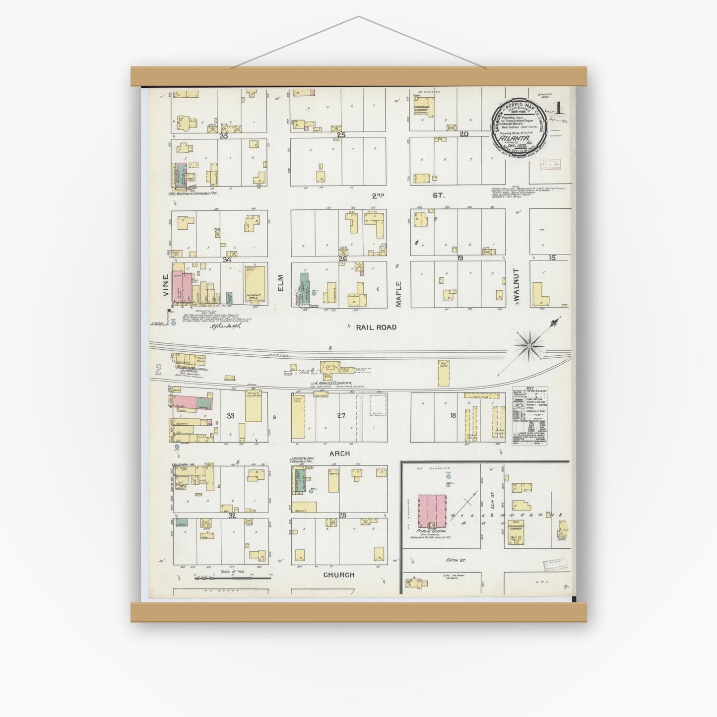 Old map wall art mockup — magnetic wood frame on white wall — Sanborn Fire Insurance Map from Atlanta, Logan County, Illinois (1892) - Complete Map Set