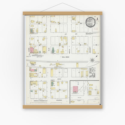Old map wall art mockup — magnetic wood frame on white wall — Sanborn Fire Insurance Map from Atlanta, Logan County, Illinois (1892) - Complete Map Set