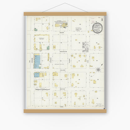 Old map wall art mockup — magnetic wood frame on white wall — Sanborn Fire Insurance Map from Stephenville, Erath County, Texas (1896) - Complete Map Set