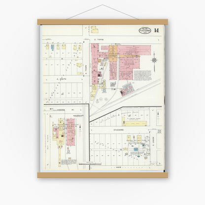 Old map wall art mockup — magnetic wood frame on white wall — Sanborn Fire Insurance Map from Fostoria, Seneca, Hancock, And Wood Counties, Ohio (1914), Sheet #0014