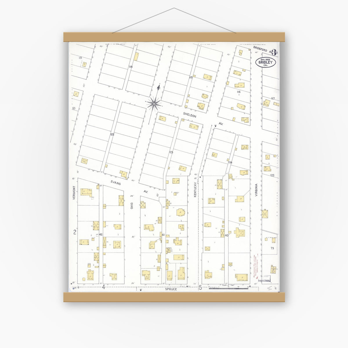 Old map wall art mockup — magnetic wood frame on white wall — Sanborn Fire Insurance Map from Gridley, Butte County, California (1909), Sheet #0004