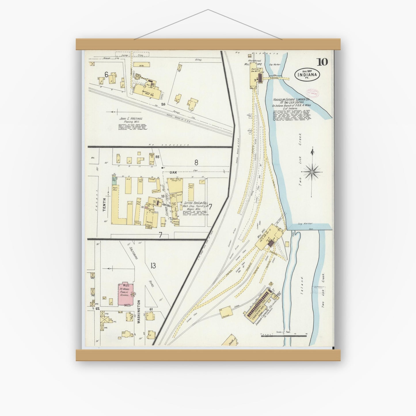 Old map wall art mockup — magnetic wood frame on white wall — Sanborn Fire Insurance Map from Indiana, Indiana County, Pennsylvania (1888), Sheet #0010
