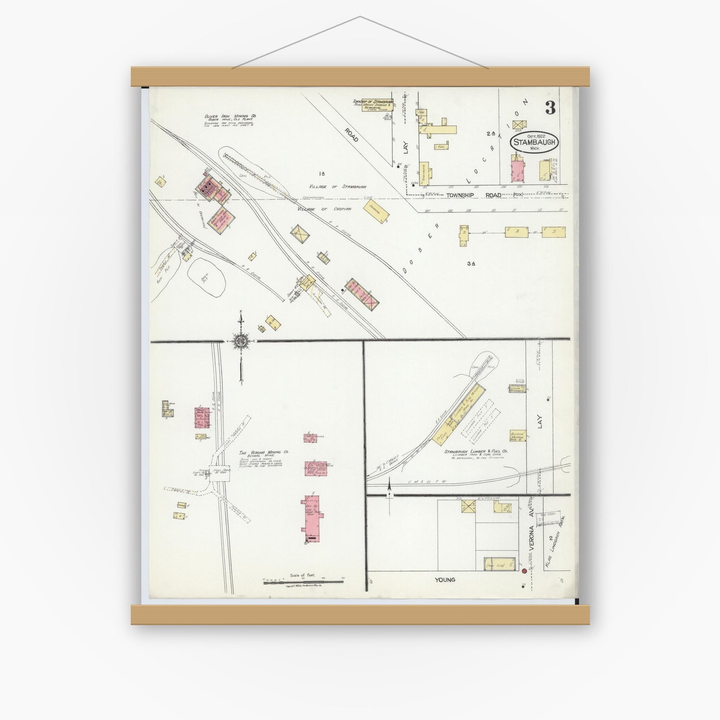 Old map wall art mockup — magnetic wood frame on white wall — Sanborn Fire Insurance Map from Stambaugh, Iron County, Michigan (1922), Sheet #0003