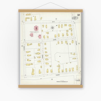Old map wall art mockup — magnetic wood frame on white wall — Sanborn Fire Insurance Map from Greenfield, Franklin County, Massachusetts (1902), Sheet #0013