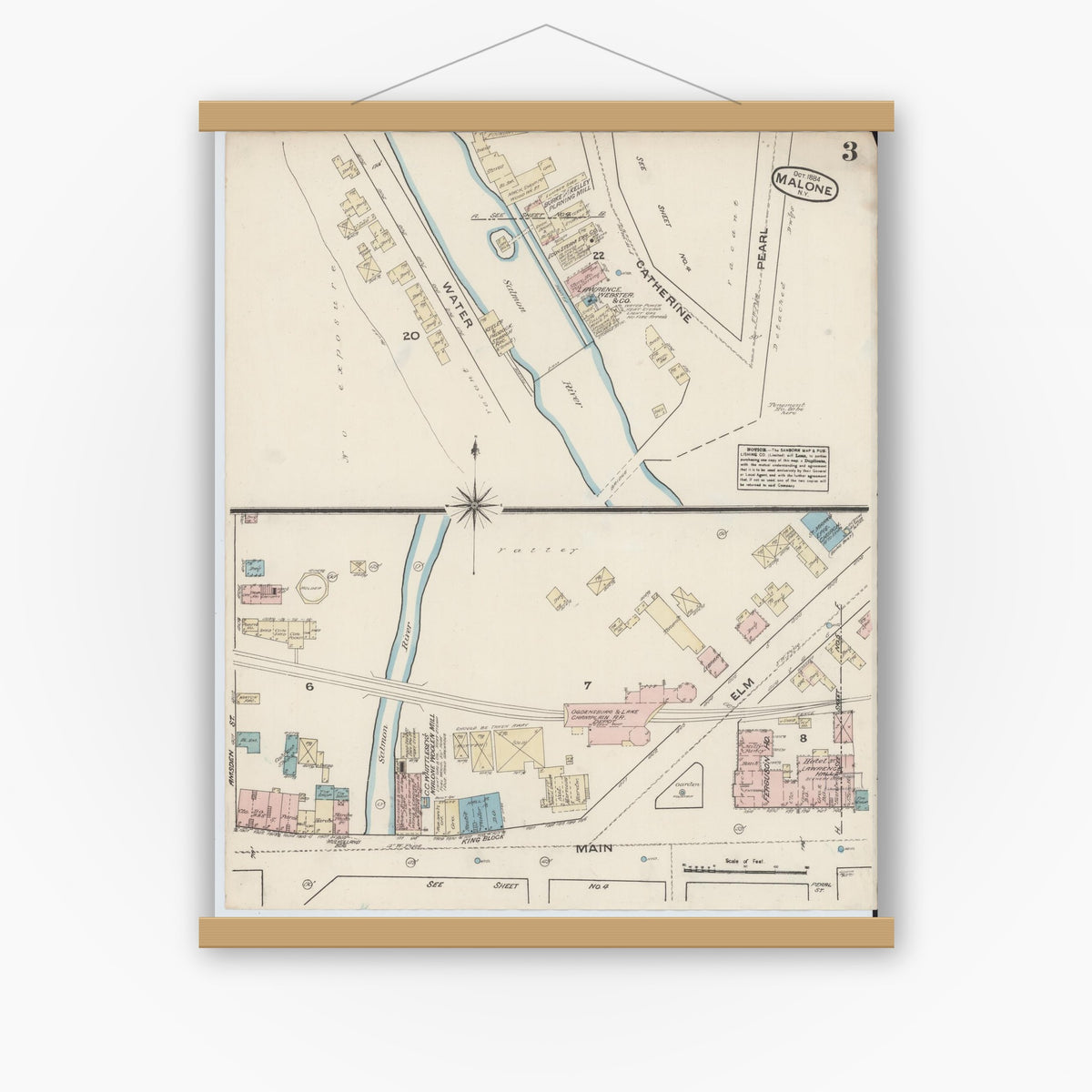 Old map wall art mockup — magnetic wood frame on white wall — Sanborn Fire Insurance Map from Malone, Franklin County, New York (1884), Sheet #0003