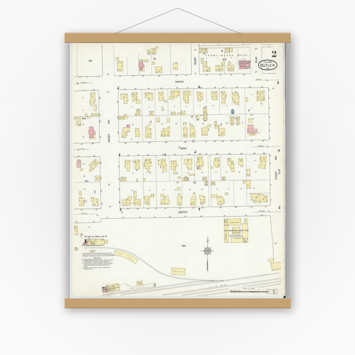 Old map wall art mockup — magnetic wood frame on white wall — Sanborn Fire Insurance Map from Butler, De Kalb County, Indiana (1914), Sheet #0002