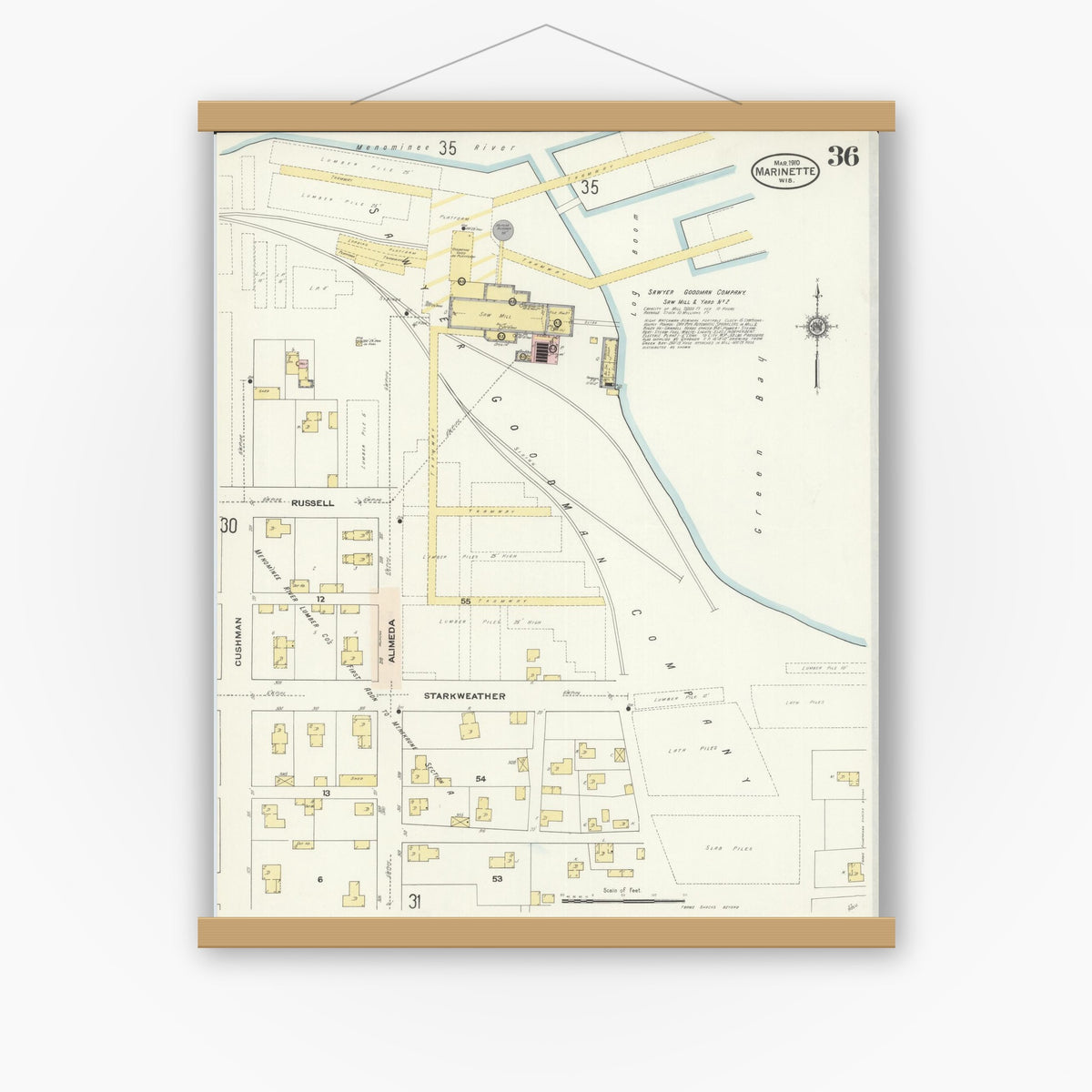Old map wall art mockup — magnetic wood frame on white wall — Sanborn Fire Insurance Map from Marinette, Marinette County, Wisconsin (1910), Sheet #0036