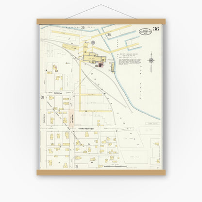 Old map wall art mockup — magnetic wood frame on white wall — Sanborn Fire Insurance Map from Marinette, Marinette County, Wisconsin (1910), Sheet #0036