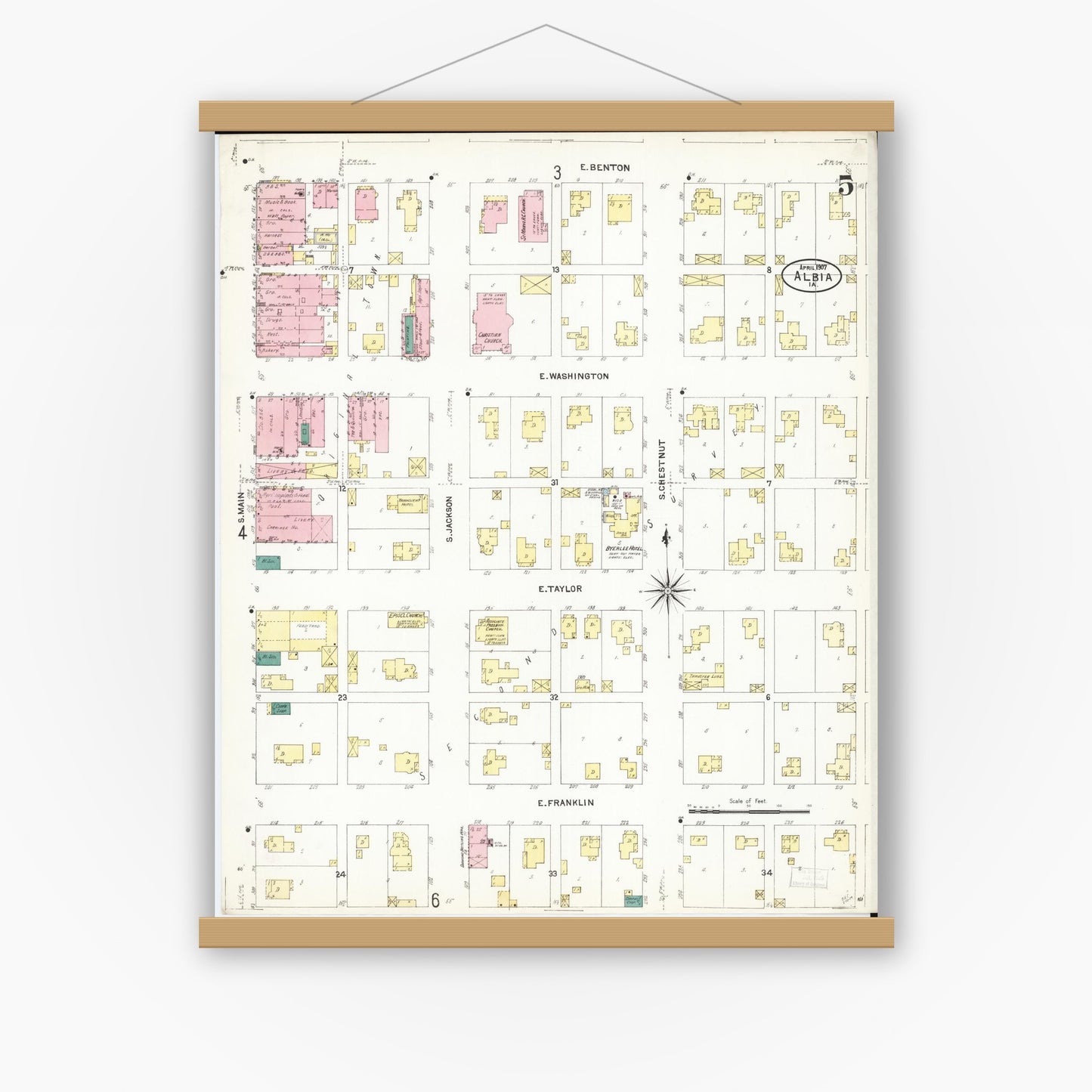 Old map wall art mockup — magnetic wood frame on white wall — Sanborn Fire Insurance Map from Albia, Monroe County, Iowa (1907), Sheet #0005