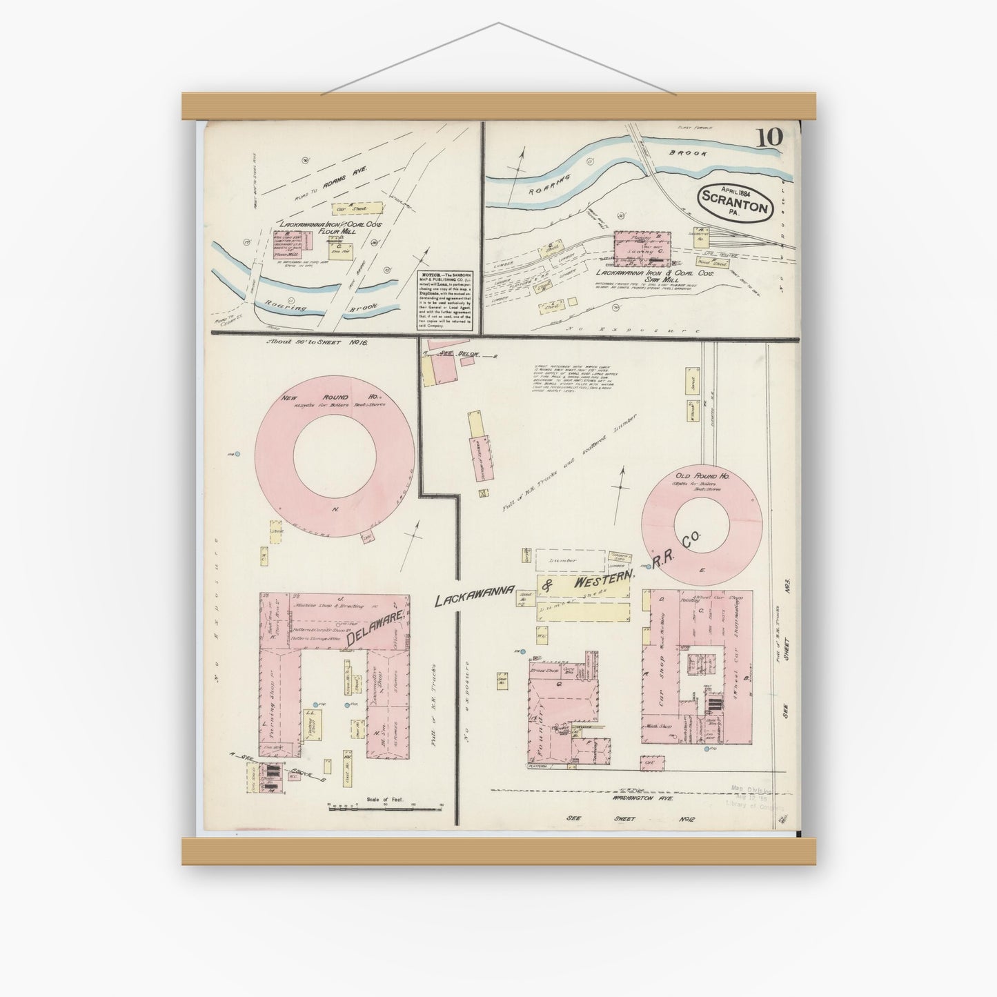 Old map wall art mockup — magnetic wood frame on white wall — Sanborn Fire Insurance Map from Scranton, Lackawanna County, Pennsylvania (1884), Sheet #0010