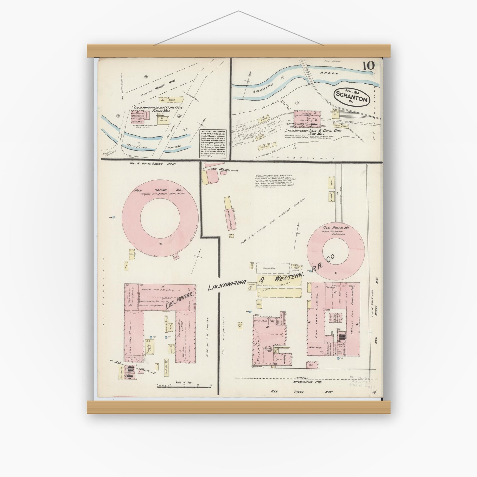 Old map wall art mockup — magnetic wood frame on white wall — Sanborn Fire Insurance Map from Scranton, Lackawanna County, Pennsylvania (1884), Sheet #0010