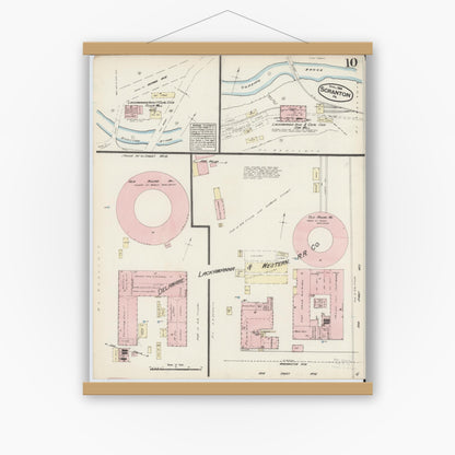 Old map wall art mockup — magnetic wood frame on white wall — Sanborn Fire Insurance Map from Scranton, Lackawanna County, Pennsylvania (1884), Sheet #0010
