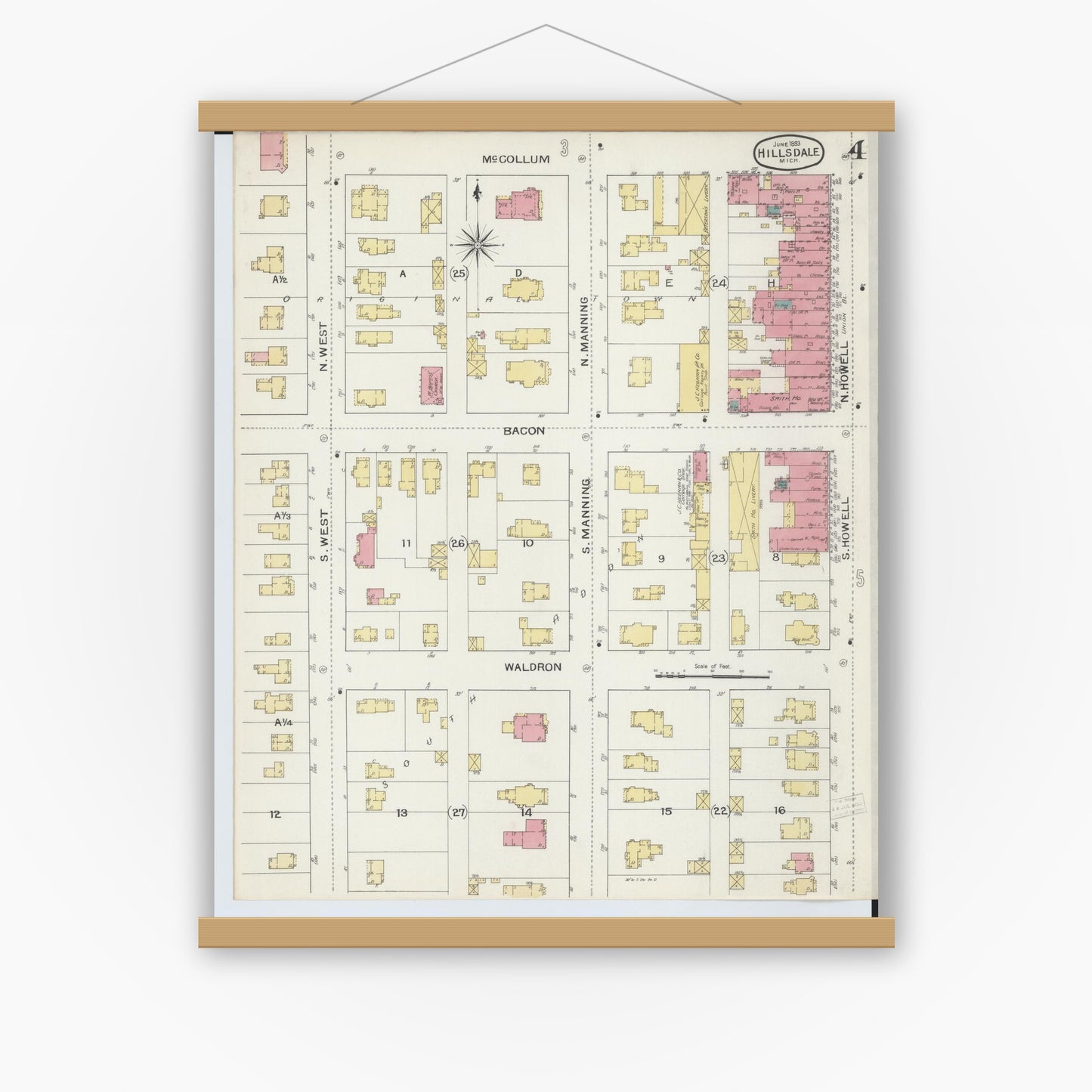 Old map wall art mockup — magnetic wood frame on white wall — Sanborn Fire Insurance Map from Hillsdale, Hillsdale County, Michigan (1893), Sheet #0004
